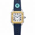 Cartier Santos de Cartier Small Steel 18K Yellow Gold Two-Tone Bezel Silver Opaline Dial Quartz Deep Navy Blue Leather Strap Watch