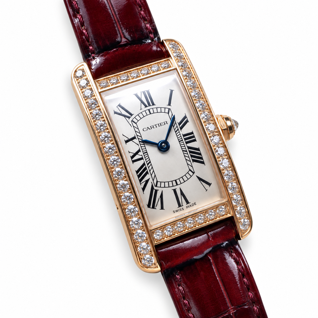 Cartier Tank Américaine — 18K Rose Gold, Full Diamond Bezel & Burgundy Alligator Strap
