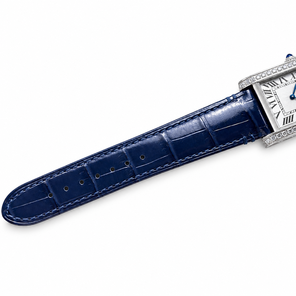 Cartier Tank Louis Small White Gold Diamond Lugs Silver Dial Navy Strap Watch – KDY