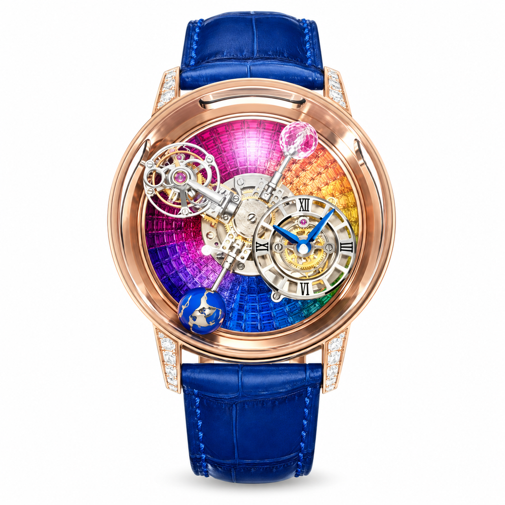 Jacob & Co. Astronomia Rainbow Rose Gold Sapphire Tourbillon Blue Leather Watch