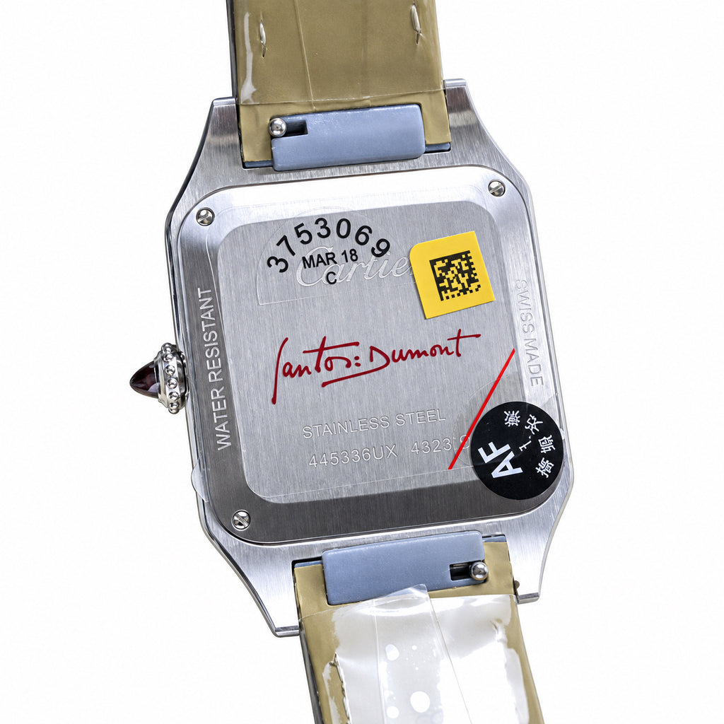 Cartier Santos-Dumont Large — Steel, Burgundy Enamel Bezel, White Dial, Roman Numerals & Burgundy Alligator Strap, Quartz
