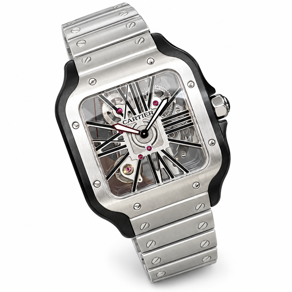Cartier Santos Large Skeleton — Steel & ADLC, Skeleton Dial, Roman Numerals & Steel Bracelet, Automatic