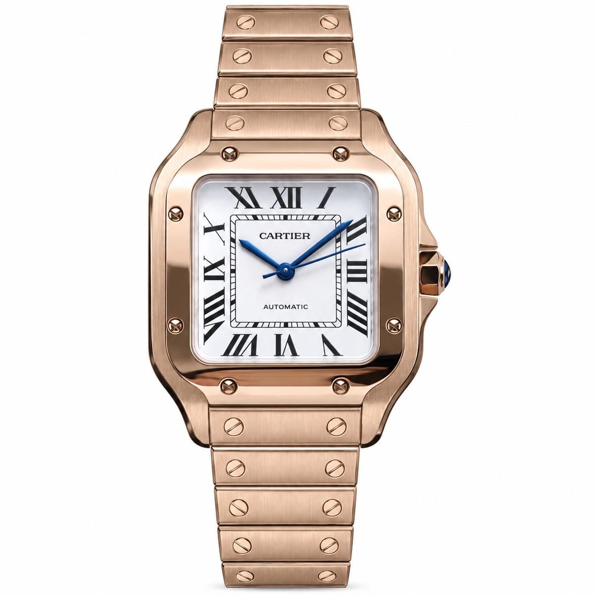Cartier Santos Large — 18K Rose Gold, White Dial, Roman Numerals & Rose Gold Bracelet, Automatic