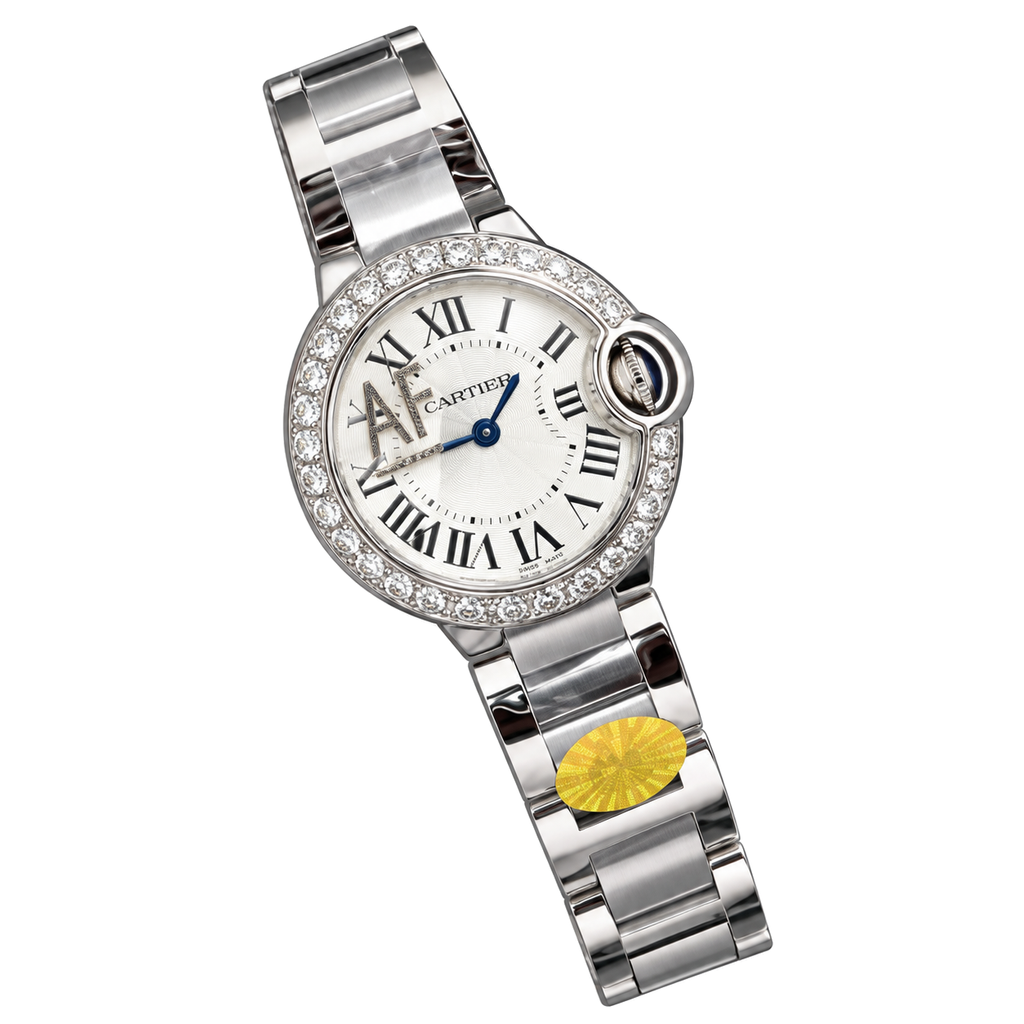 Cartier Ballon Bleu 28mm — Steel, Diamond Bezel, Silver Dial, Roman Numerals & Steel Bracelet, Women
