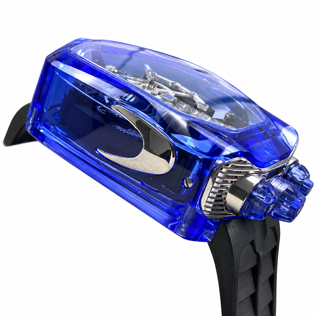 Jacob & Co. x Bugatti Chiron Full Blue Sapphire Tourbillon Engine Black Rubber Watch