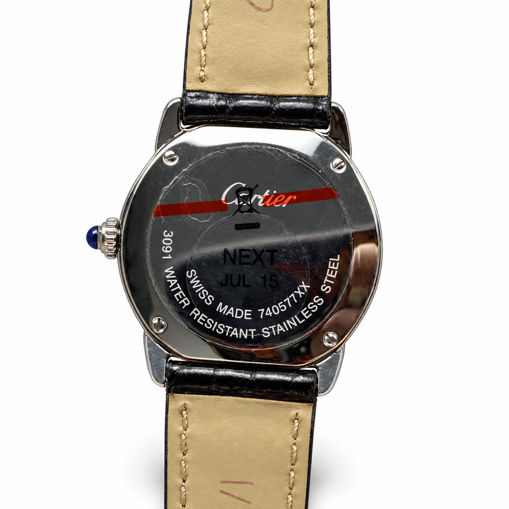 Cartier Ronde Louis Cartier — 18K White Gold, Diamond Bezel & Black Alligator Strap