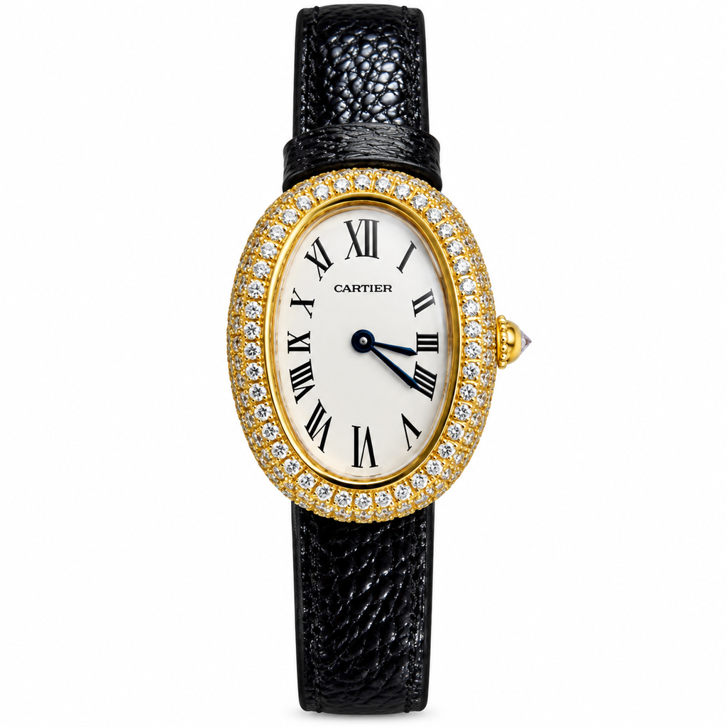 Cartier Baignoire Vintage Small — 18K Yellow Gold, Double Diamond Bezel, Cream Dial & Black Leather Strap, Women