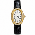 Cartier Baignoire Vintage Small — 18K Yellow Gold, Double Diamond Bezel, Cream Dial & Black Leather Strap, Women