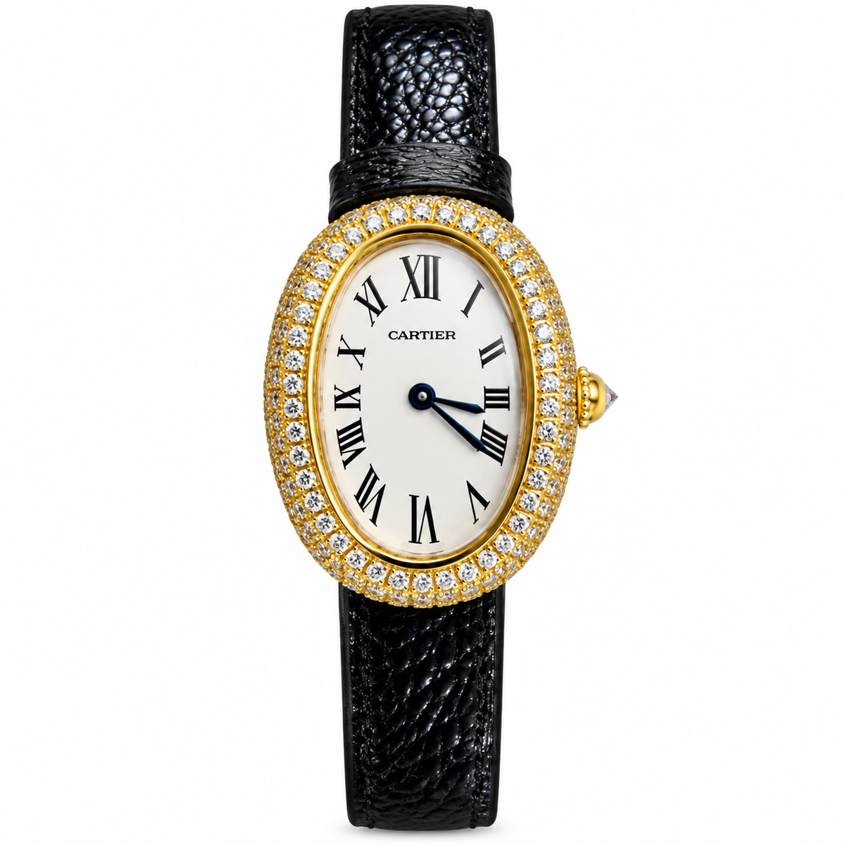 Cartier Baignoire Vintage Small — 18K Yellow Gold, Double Diamond Bezel, Cream Dial & Black Leather Strap, Women