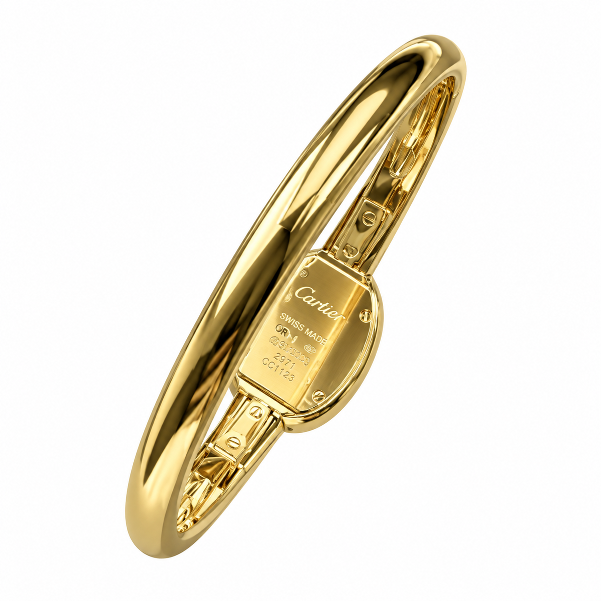 Cartier Baignoire Mini — 18K Yellow Gold, White Dial, Roman Numerals & Gold Bangle, Women