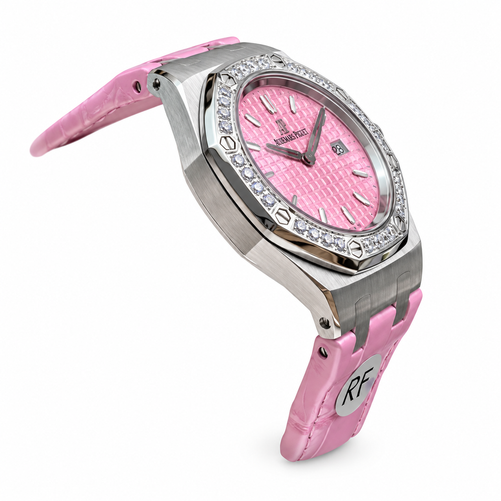 Audemars Piguet Royal Oak Ladies Diamond Bezel Pink Dial Leather Strap Roger Federer Edition