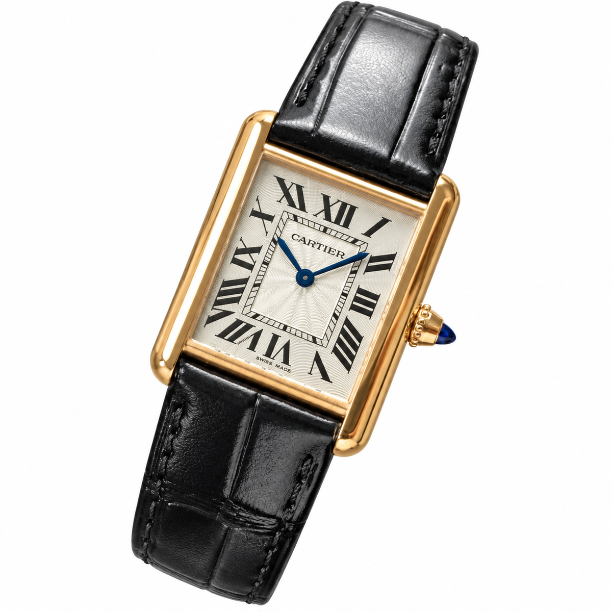 Cartier Tank Must — 18K Yellow Gold, Silver Dial, Roman Numerals & Black Alligator Strap, Women