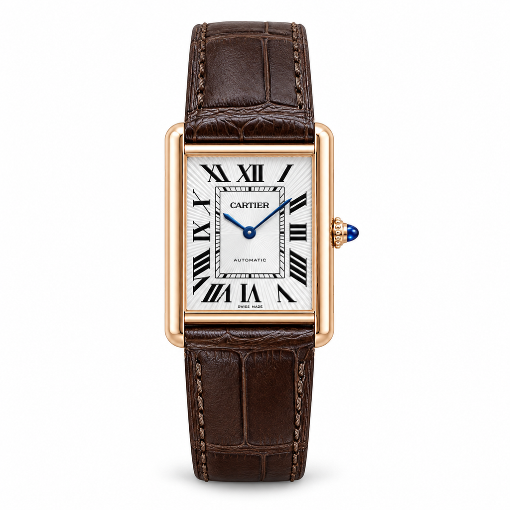 Cartier Tank Louis Large Rose Gold Silver Dial Automatic Brown Strap Watch – KDY