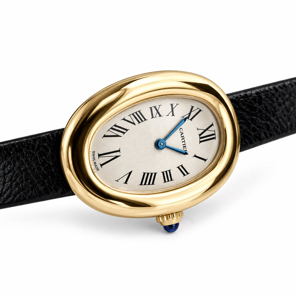 Cartier Baignoire — 18K Yellow Gold, Cream Oval Dial, Roman Numerals & Black Alligator Strap, Women