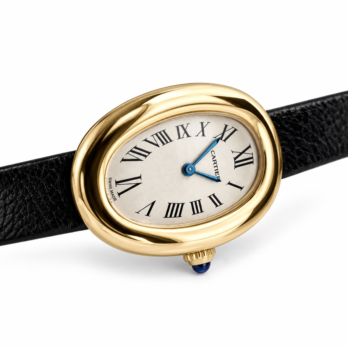 Cartier Baignoire — 18K Yellow Gold, Cream Oval Dial, Roman Numerals & Black Alligator Strap, Women