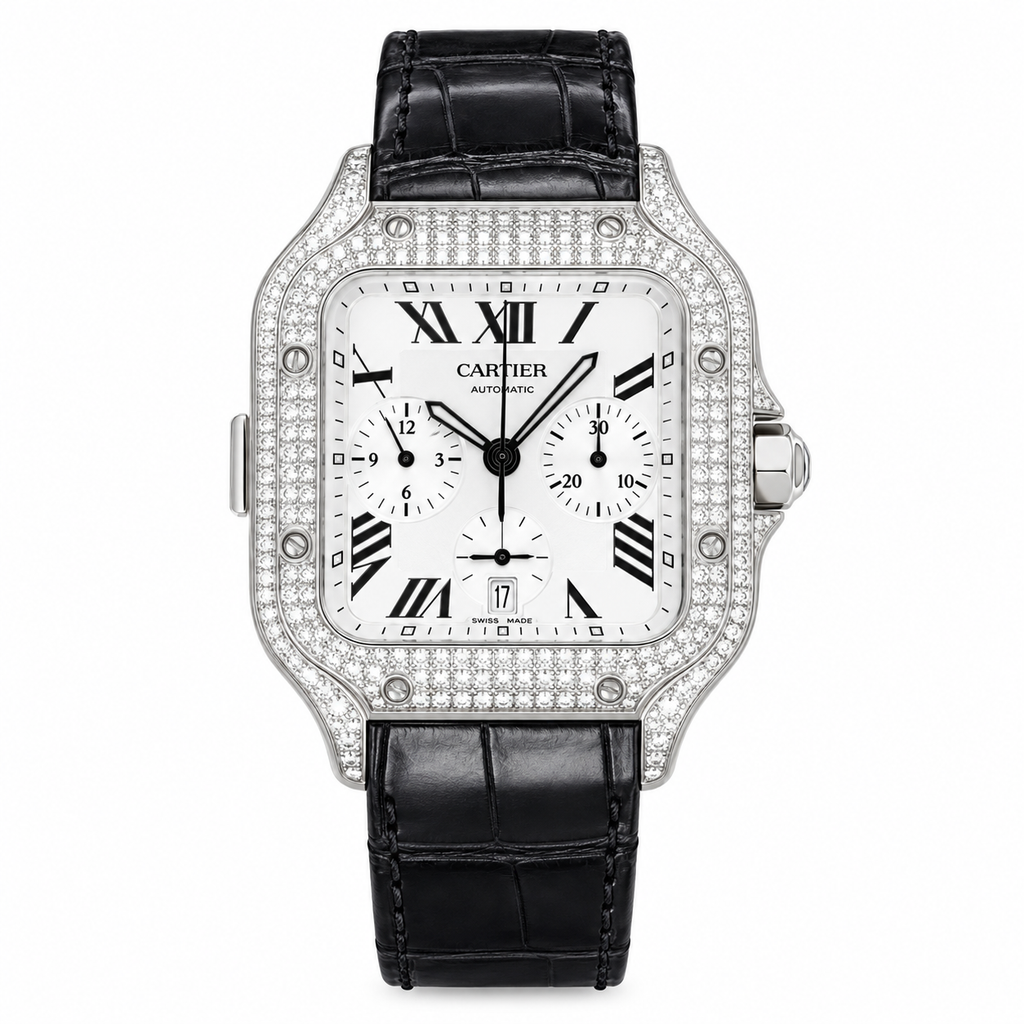 Cartier Santos de Cartier Chronograph — Steel, Full Diamond Bezel & Black Alligator Strap