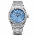 Audemars Piguet Royal Oak Stainless Steel Light Blue Tapisserie Petit-Carreaux Dial Date Integrated Bracelet Watch