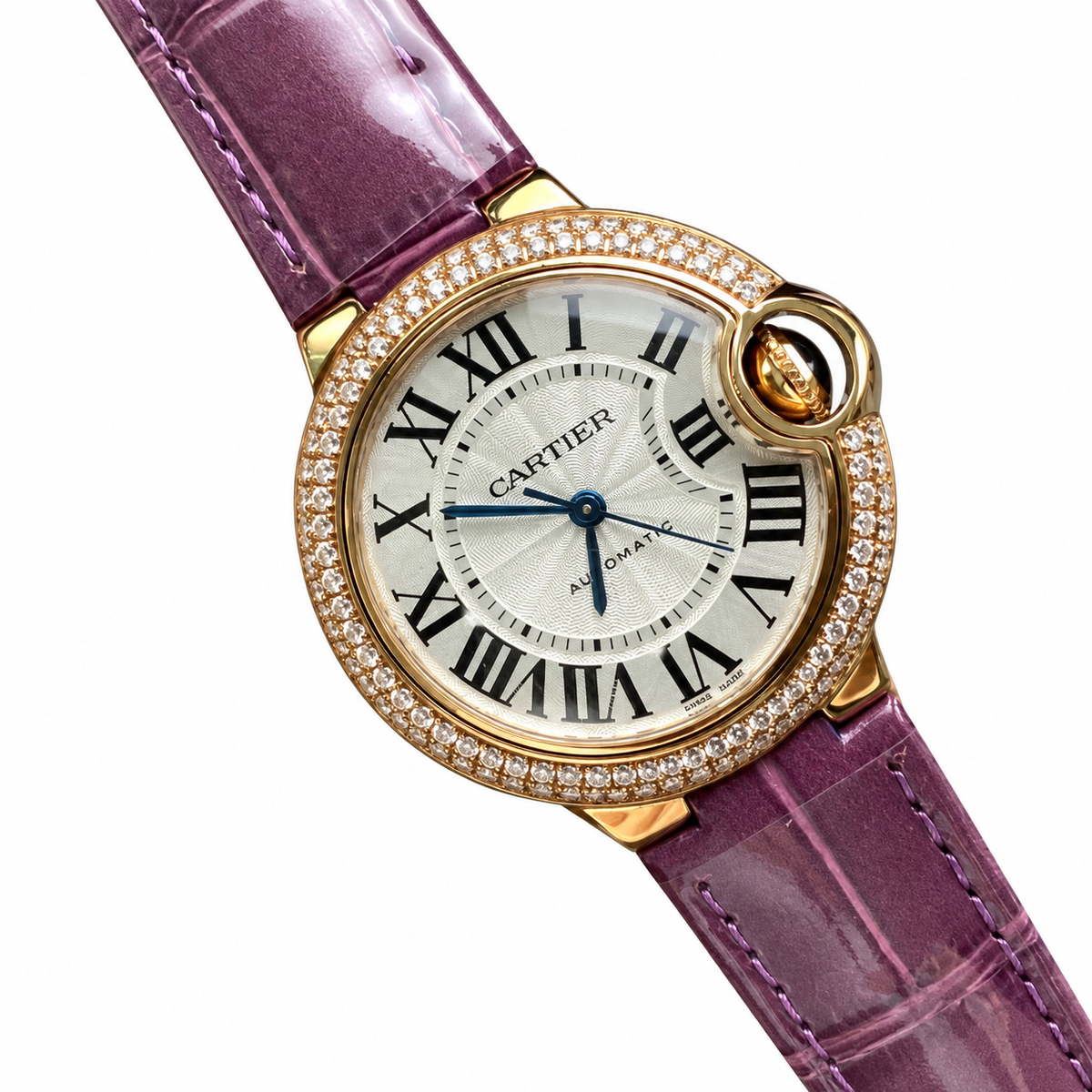 Cartier Ballon Bleu de Cartier 36mm — 18K Rose Gold, Double Diamond Bezel, Silver Guilloché Dial & Purple Alligator Strap, Automatic