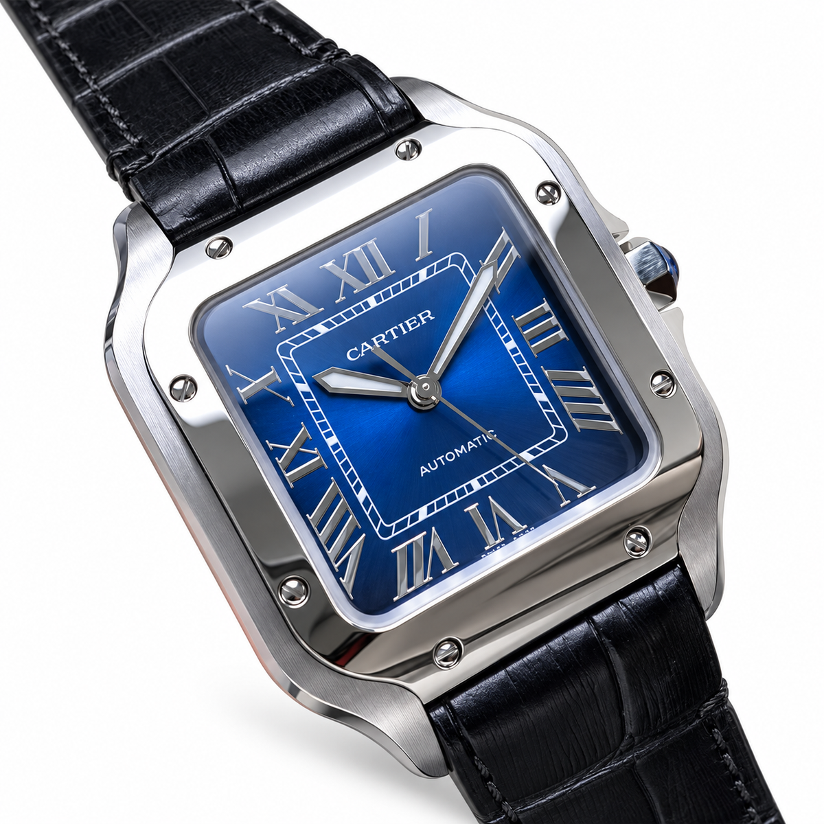 Cartier Santos Large — Steel, Blue Dial, Roman Numerals & Black Alligator Strap, Automatic