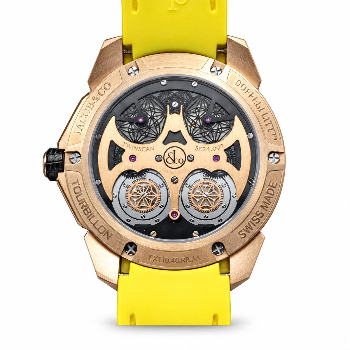 Jacob & Co. Epic X Doppel Litt Twinscan 18K Rose Gold Double Flying Tourbillon Skeleton Black Dial Yellow Rubber Watch Caseback