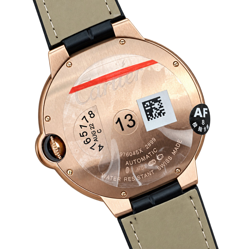 Cartier Ballon Bleu 42mm Automatic — 18K Rose Gold, Diamond Bezel, Grey Dial & Black Alligator Strap