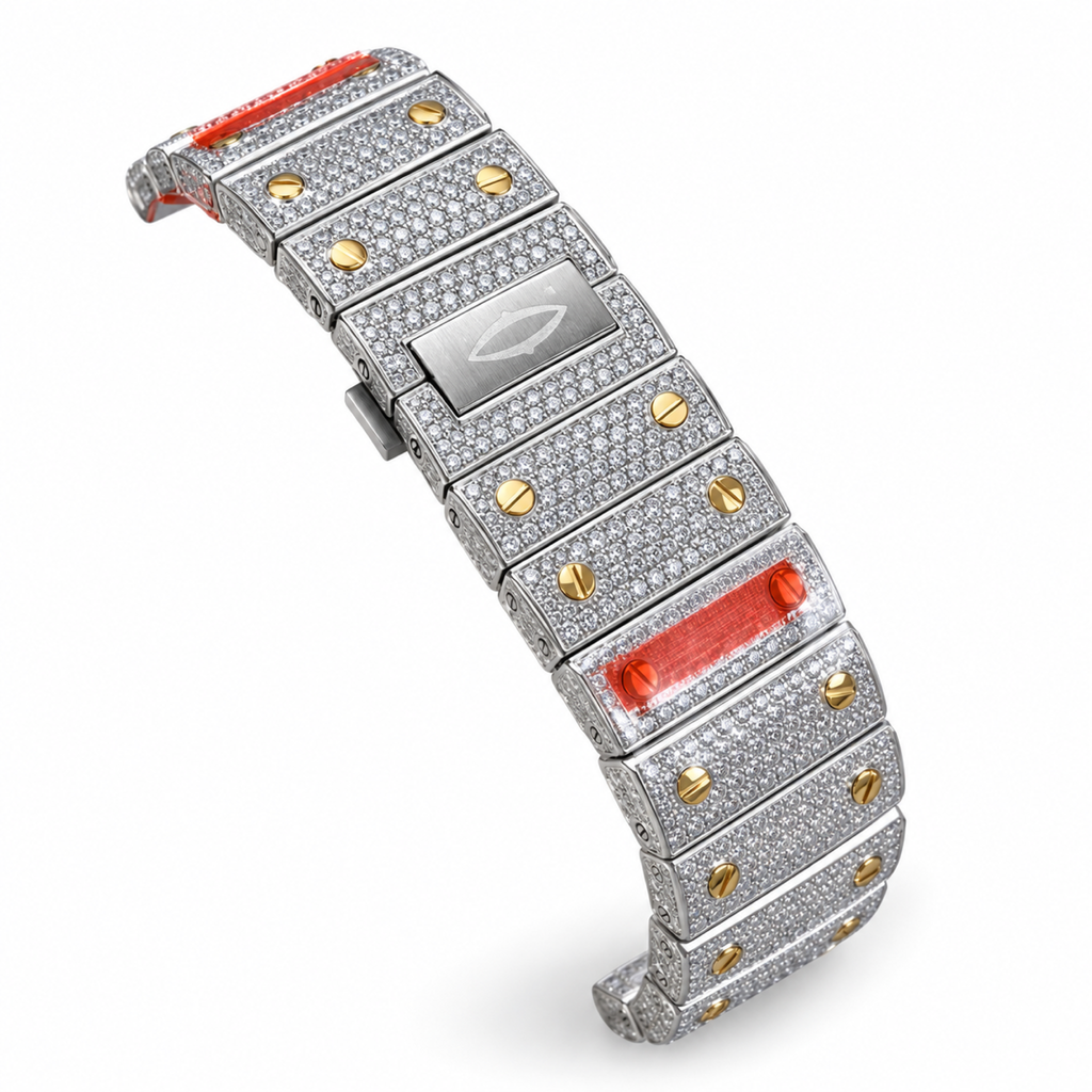 Cartier Santos Iced Out Full Pavé Diamond Two-Tone Yellow Gold Steel Automatic Luxury Watch Swiss Made
