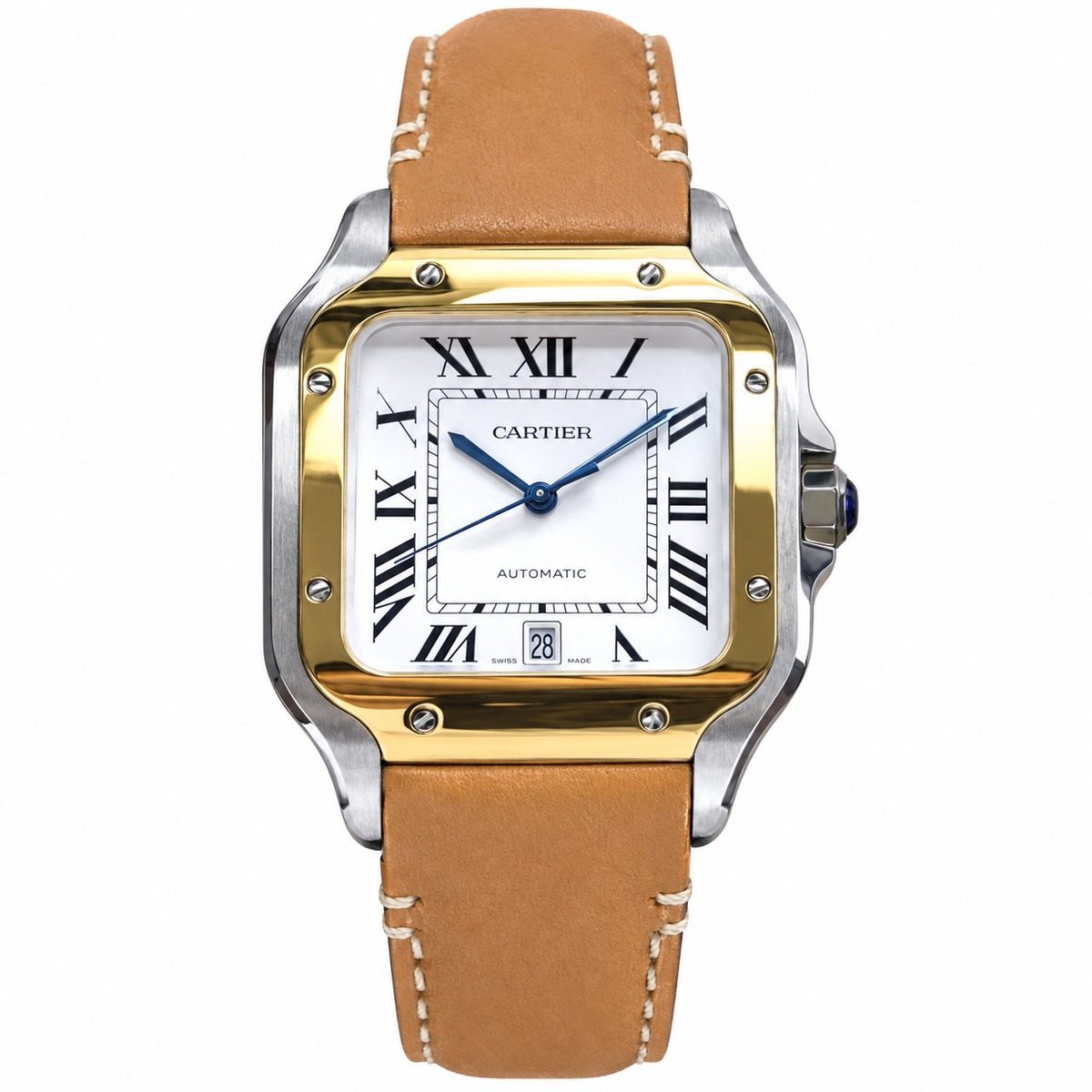 Cartier Santos de Cartier Medium — Steel & Yellow Gold, White Dial, Roman Numerals, Date & Tan Leather Strap, Automatic