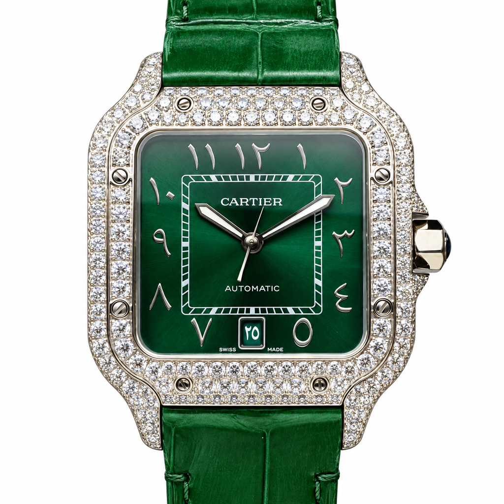 Cartier Santos de Cartier Automatic — 18K White Gold, Full Diamond Bezel, Green Arabic Dial & Green Alligator Strap
