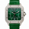 Cartier Santos de Cartier Automatic — 18K White Gold, Full Diamond Bezel, Green Arabic Dial & Green Alligator Strap