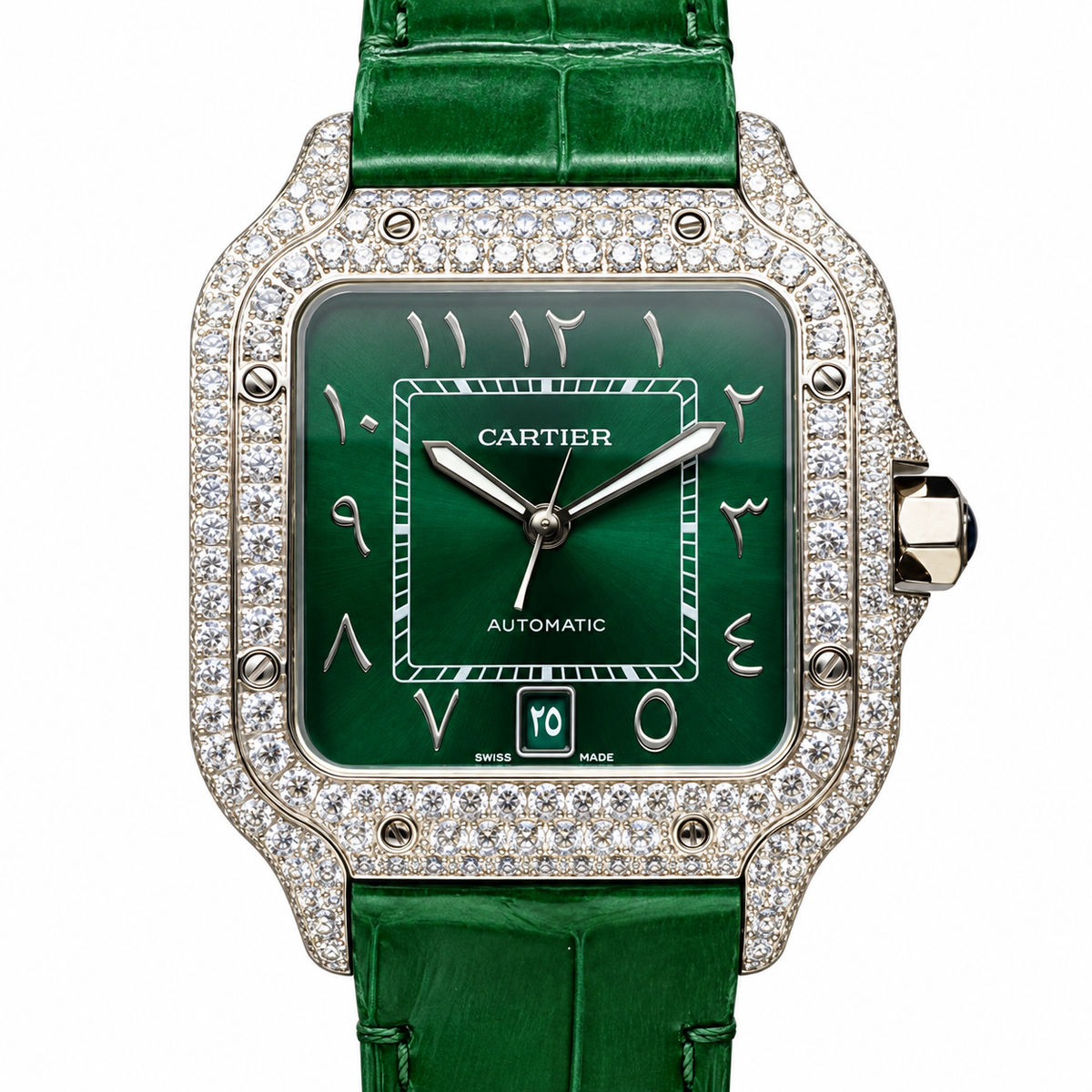 Cartier Santos de Cartier Automatic — 18K White Gold, Full Diamond Bezel, Green Arabic Dial & Green Alligator Strap
