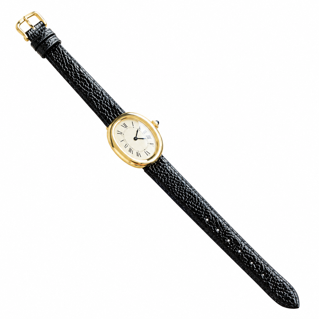 Cartier Baignoire Vintage — 18K Yellow Gold, Cream Dial, Roman Numerals & Black Leather Strap, Women