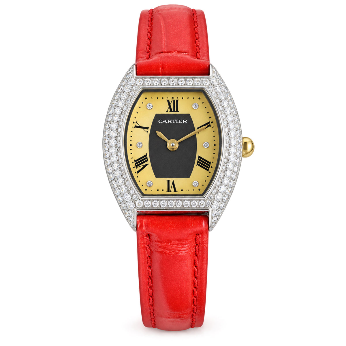 Cartier Tortue — Rose Gold Diamond Bezel & Orange Alligator Strap