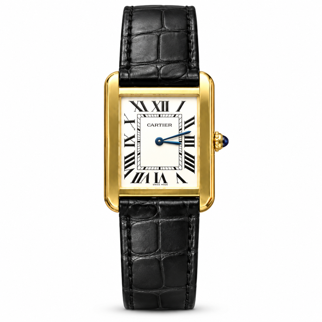 Cartier Tank Solo Large 18K Yellow Gold Ivory Dial Manual-Winding Black Alligator Strap Watch
