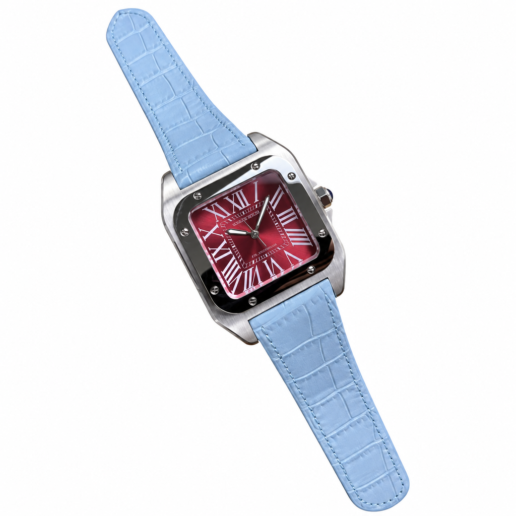 Cartier Santos 100 Automatic — Red Sunburst Dial & Blue Leather Strap