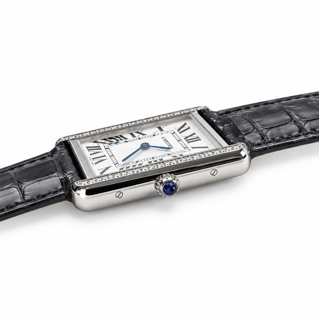 Cartier Tank Louis Large White Gold Diamond Lugs Silver Dial Black Strap Watch – KDY