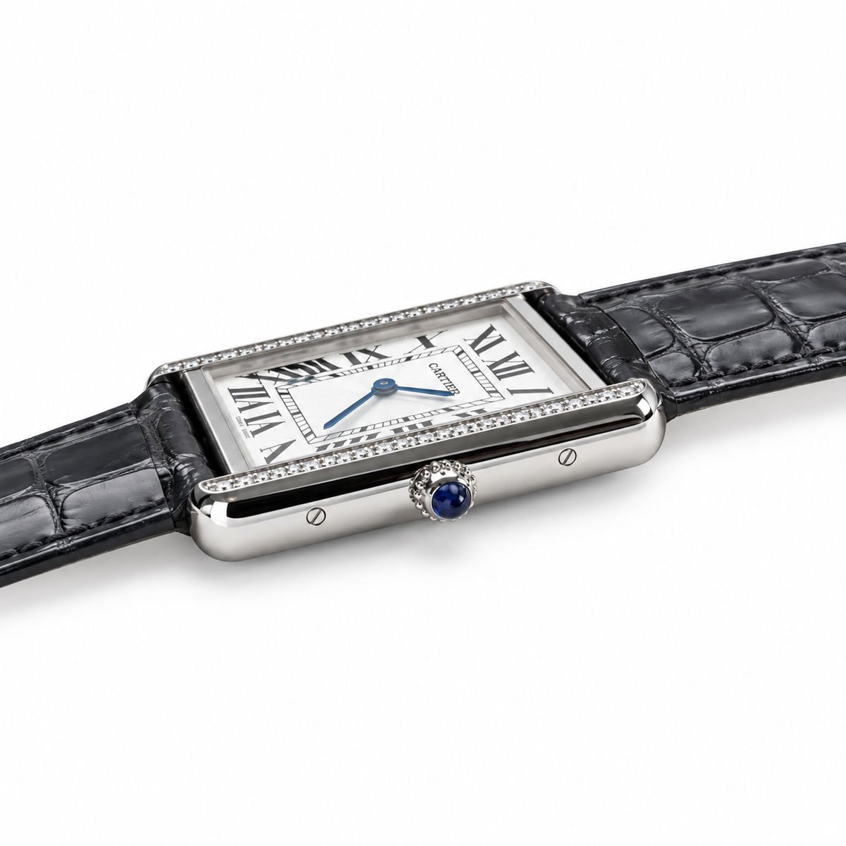 Cartier Tank Louis Large White Gold Diamond Lugs Silver Dial Black Strap Watch – KDY