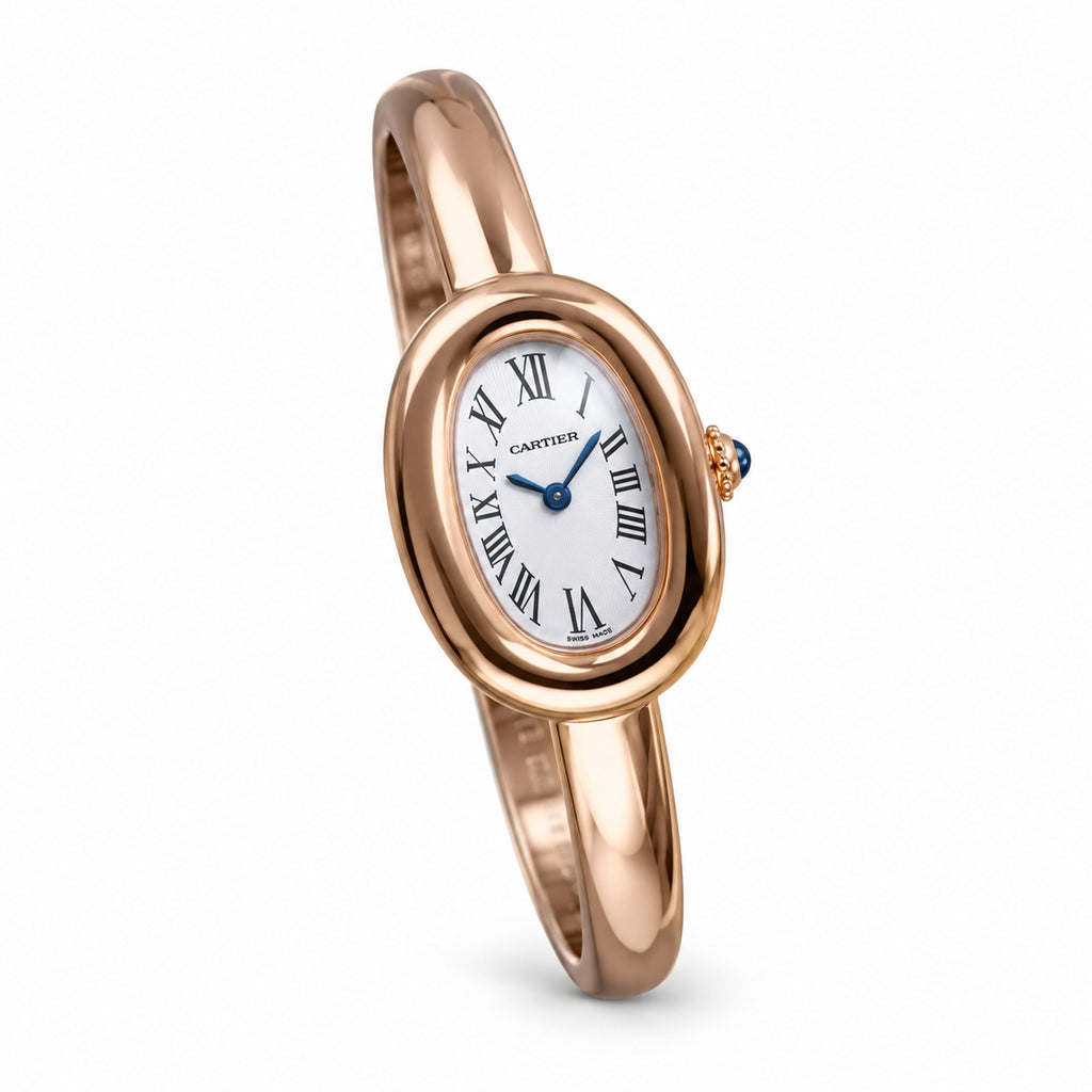 Cartier Baignoire — 18K Rose Gold, White Oval Dial, Roman Numerals & Rose Gold Bangle, Women