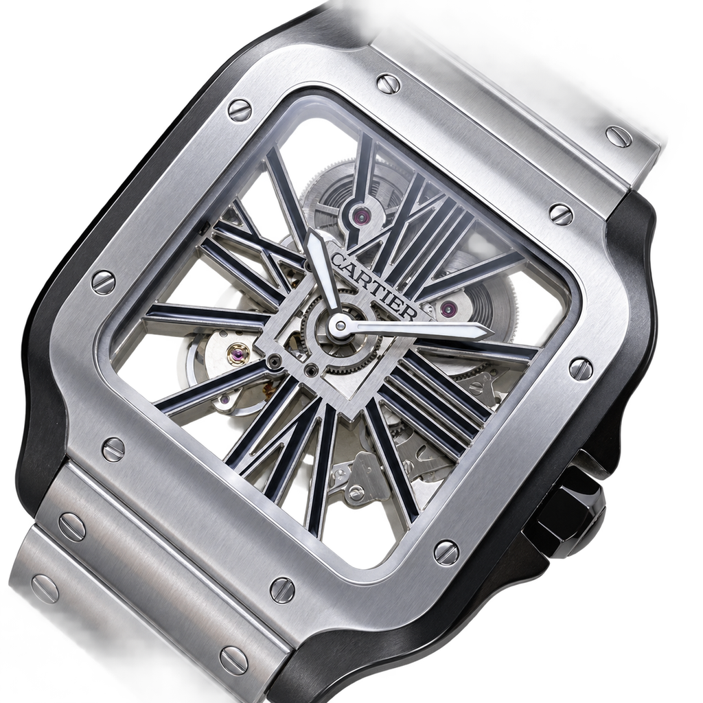 Cartier Santos de Cartier Skeleton — Steel & Black ADLC Bezel, Steel Bracelet