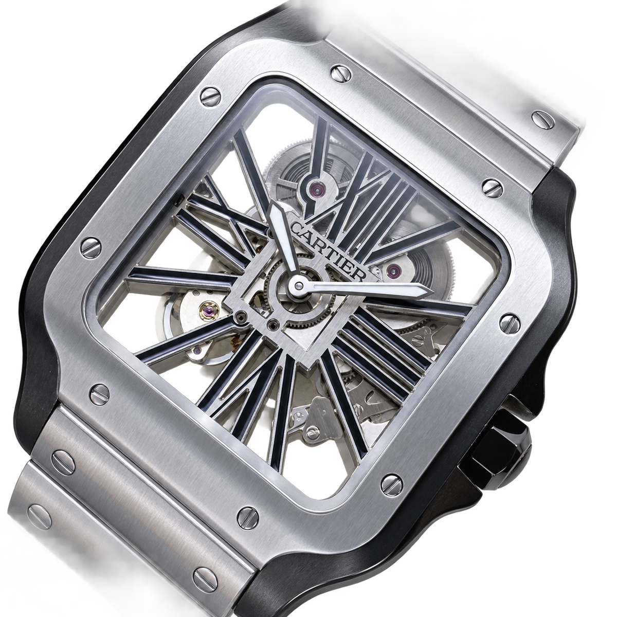 Cartier Santos de Cartier Skeleton — Steel & Black ADLC Bezel, Steel Bracelet