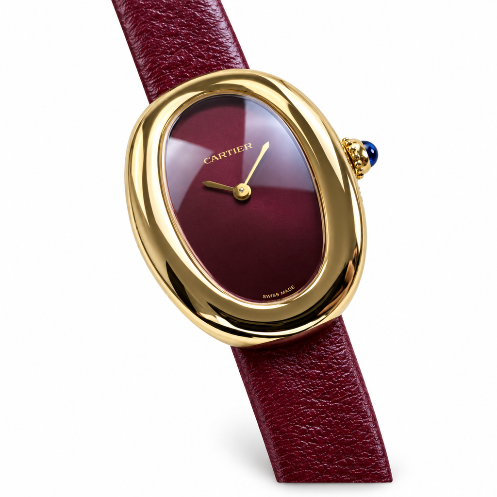 Cartier Baignoire — 18K Yellow Gold, Burgundy Lacquer Dial & Red Leather Strap