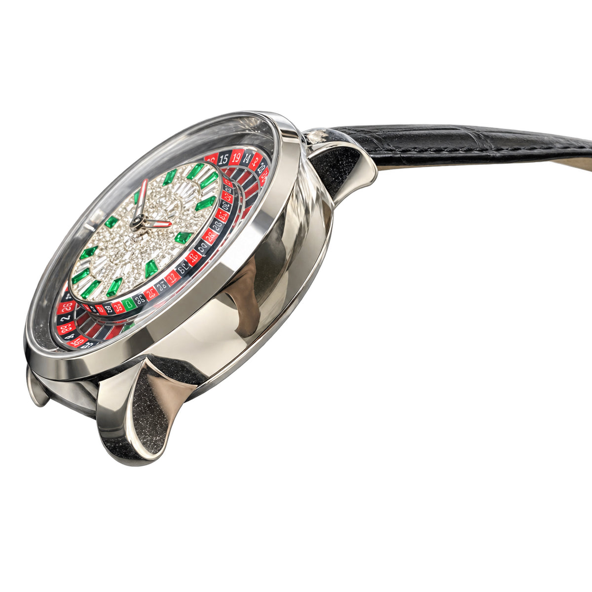 Jacob & Co. Casino Steel Diamond Emerald Roulette Black Leather Watch