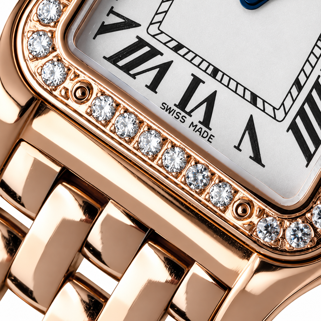 Cartier Panthère Small — 18K Rose Gold, Diamond Bezel, White Dial & Rose Gold Panthère Bracelet, Women