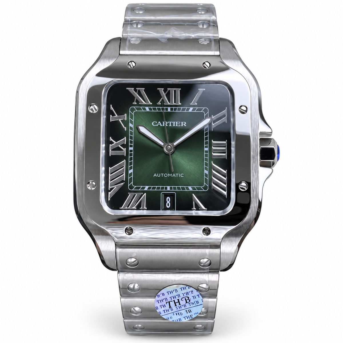 Cartier Santos Large — Steel, Green Sunray Dial, Roman Numerals, Date & Steel Bracelet, Automatic