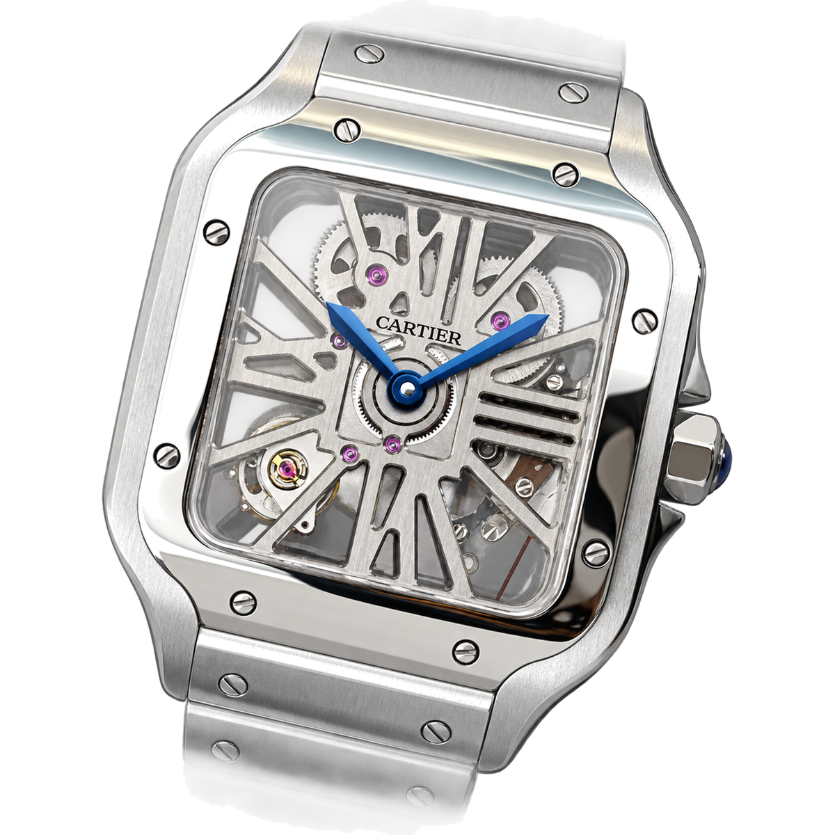 Cartier Santos Skeleton Blue Hands Steel Bracelet Watch – KDY