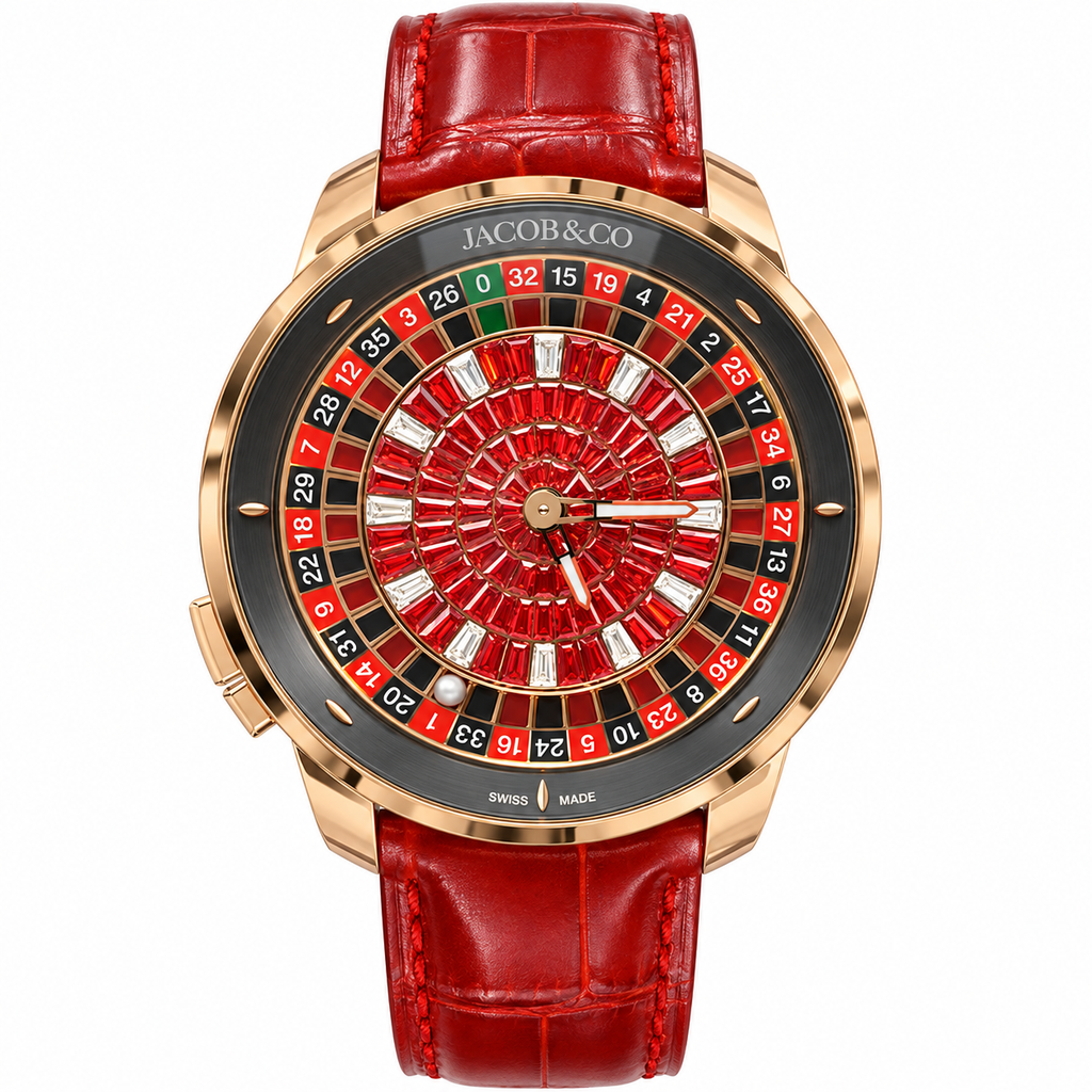 Jacob & Co. Casino Rose Gold Red Ruby Roulette Red Leather Watch