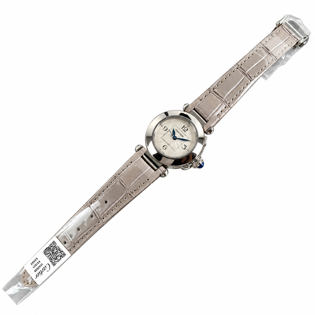 Cartier Pasha de Cartier 35mm — Steel, Silver Dial, Arabic Numerals & Grey Leather Strap, Women