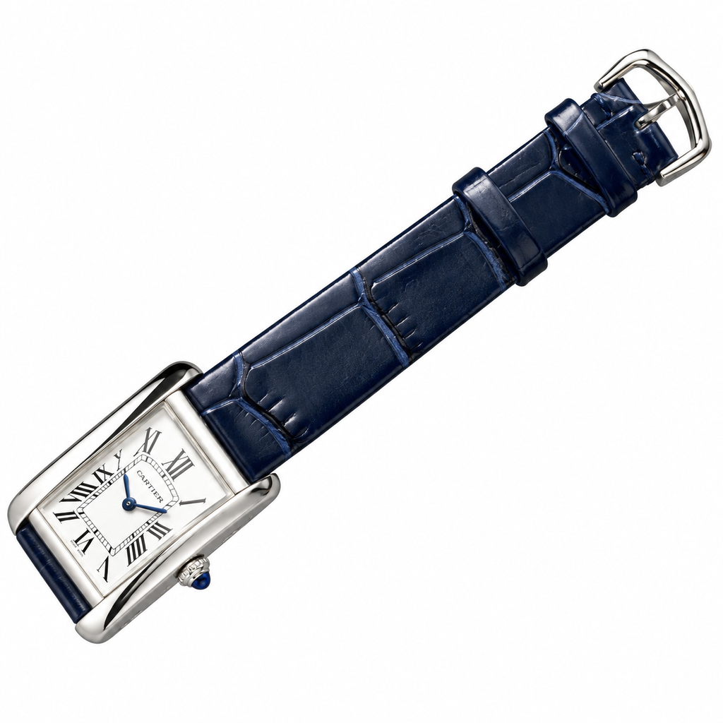 Cartier Tank Américaine Large — 18K White Gold, Silver Dial, Roman Numerals & Navy Alligator Strap, Automatic