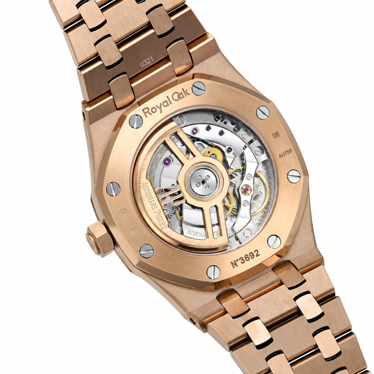 Audemars Piguet Royal Oak Rose Gold Diamond Bezel Blue Tapisserie Date Watch