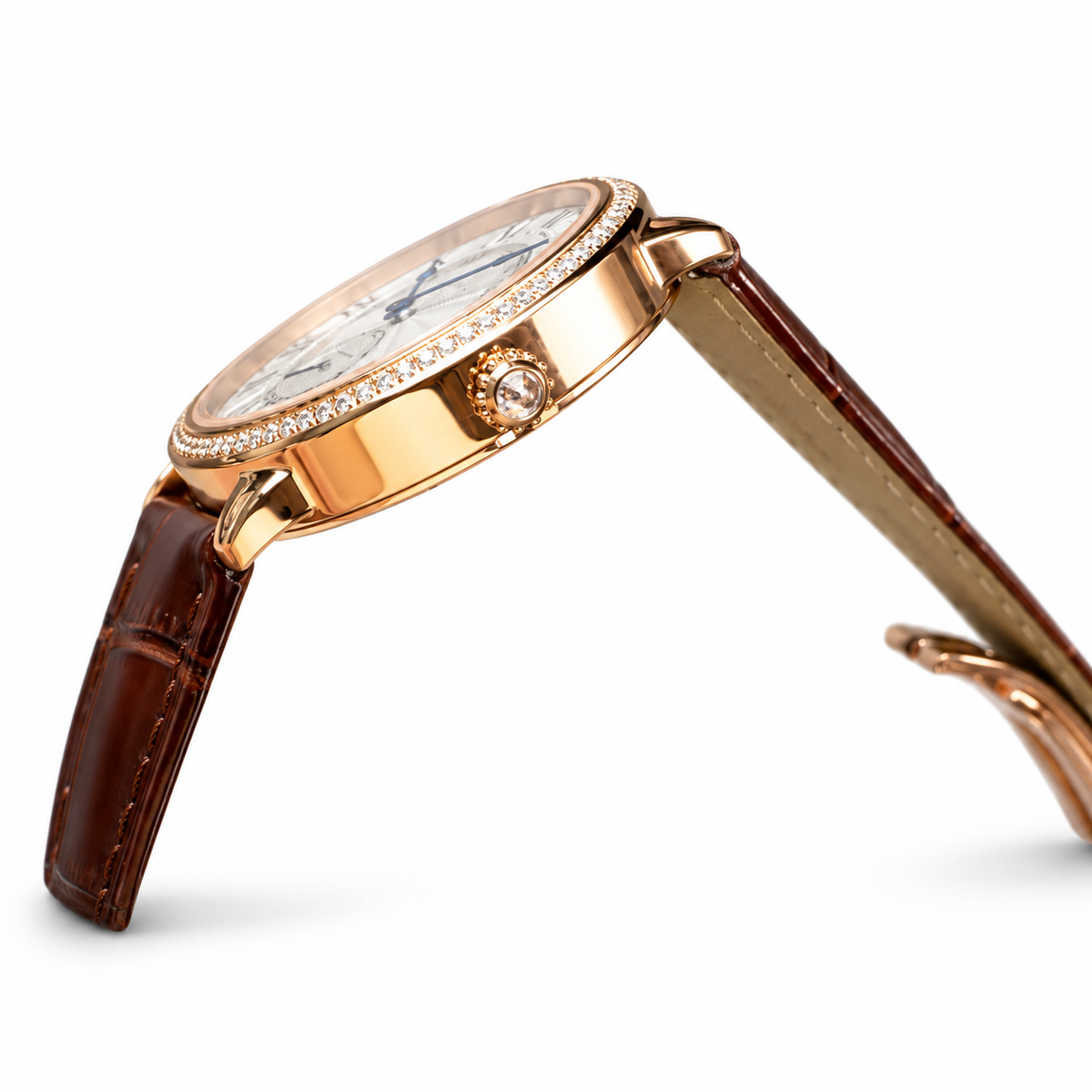 Cartier Ronde Louis Cartier Automatic — 18K Rose Gold, Diamond Bezel & Brown Alligator Strap
