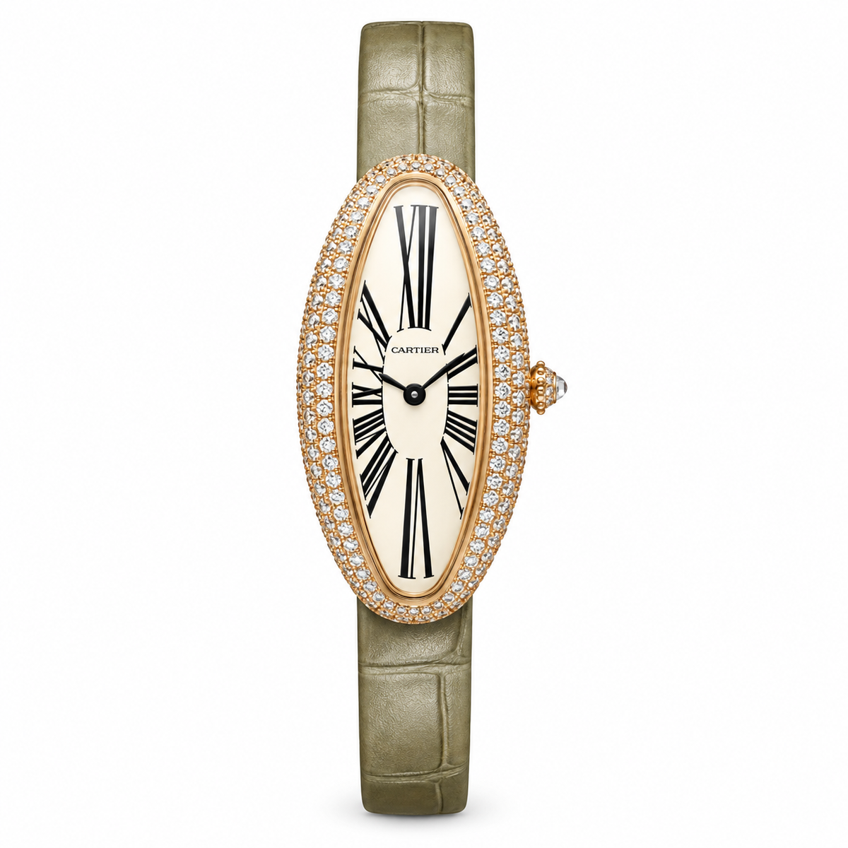 Cartier Baignoire Allongée — 18K Rose Gold, Diamond Bezel, White Dial & Olive Alligator Strap, Women